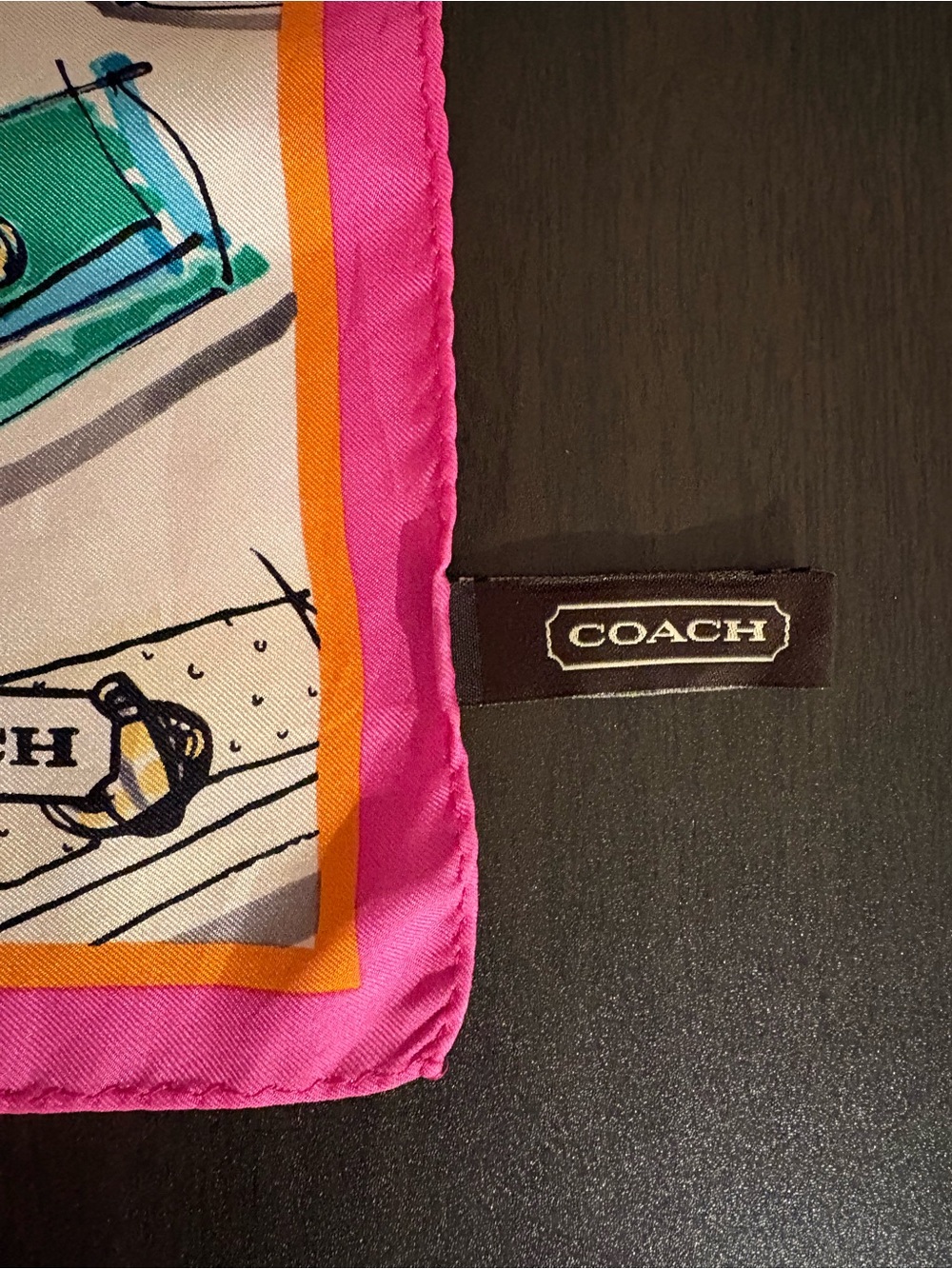 Coach 100% Silk Scarf with Handbag Motif and Pink & Orange Trim - Picture 2 of 7